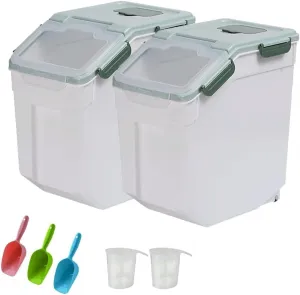 YXQ 25LB Large Flour Storage Container Bin ,2 Pack Airtight Plastic with Wheels Seal Locking Lid Dispenser Organizer Storage Bin with Measuring Cup & Scoop for Flour, Rice, Grain 50LBS Total