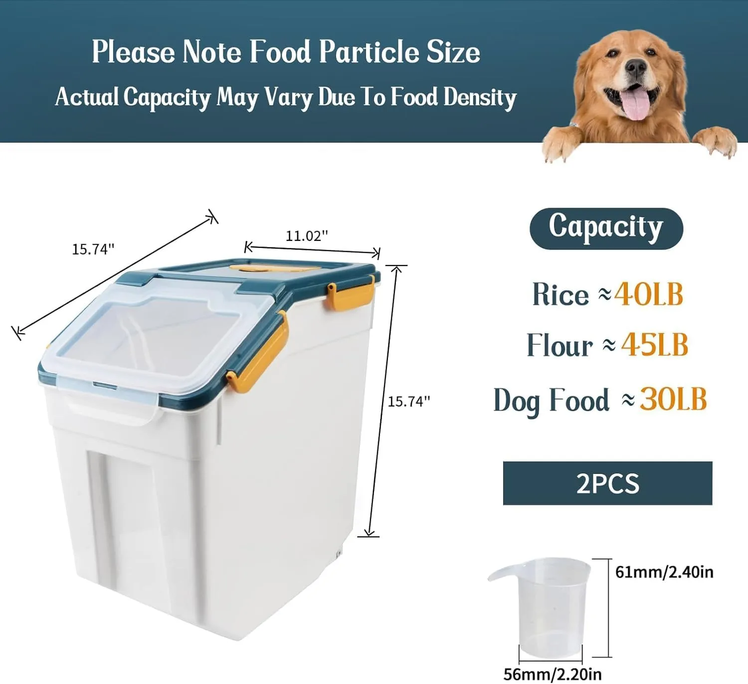 YXQ 50LB Large Flour Storage Container Bin,2 Pack Airtight Plastic with Wheels Seal Locking Lid Dispenser Organizer Bin with Measuring Cup & Scoop for Flour, Rice, Grain 100LBS Total Capacity(Blue)
