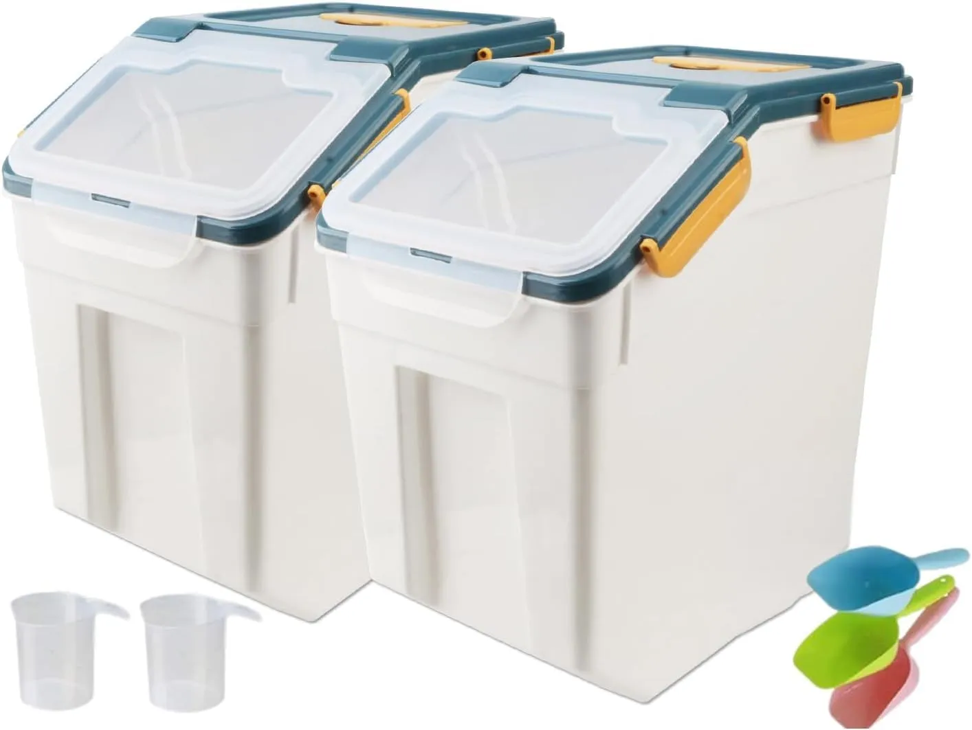 YXQ 50LB Large Flour Storage Container Bin,2 Pack Airtight Plastic with Wheels Seal Locking Lid Dispenser Organizer Bin with Measuring Cup & Scoop for Flour, Rice, Grain 100LBS Total Capacity(Blue)