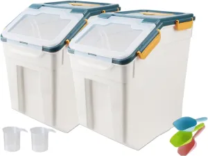 YXQ 50LB Large Flour Storage Container Bin,2 Pack Airtight Plastic with Wheels Seal Locking Lid Dispenser Organizer Bin with Measuring Cup & Scoop for Flour, Rice, Grain 100LBS Total Capacity(Blue)