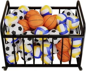 ZAQYCM Volleyball Ball Cart with Lockable Wheels and Handle, Black Heavy Duty Exercise Ball Storage Bin/Holder for Garage School Home Gym and Outdoor Playground