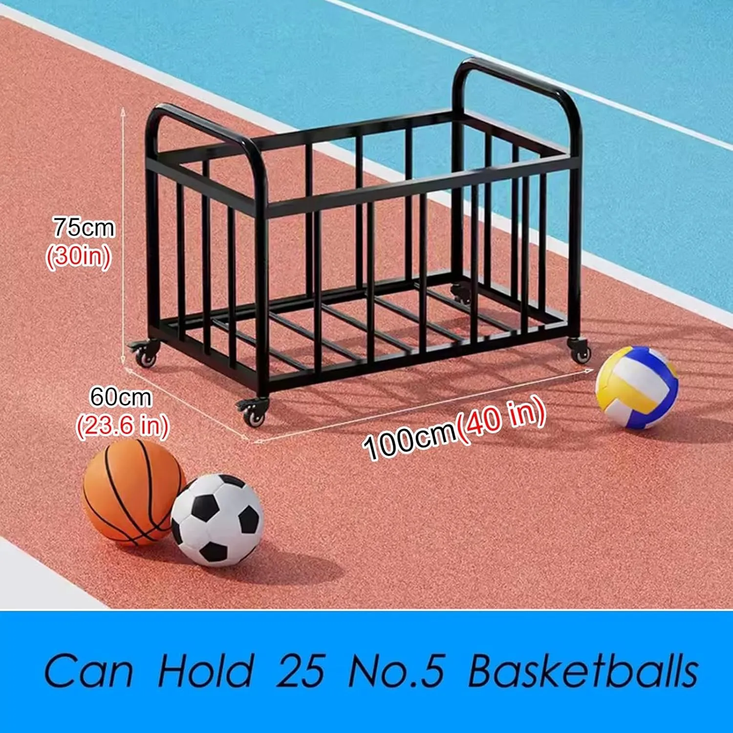ZAQYCM Volleyball Ball Cart with Lockable Wheels and Handle, Black Heavy Duty Exercise Ball Storage Bin/Holder for Garage School Home Gym and Outdoor Playground