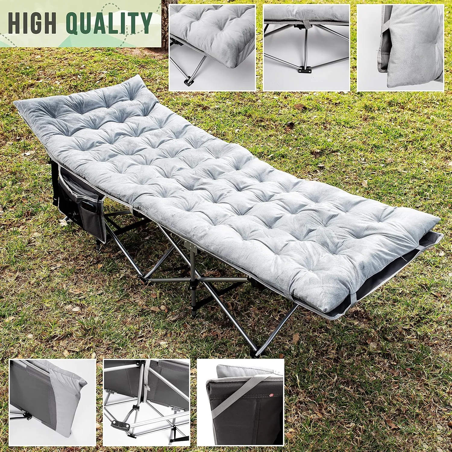 Zento Camping Cot and Mattress Folding Outdoor Travel Bed - Heavy Duty Max Load 450 LBS Premium Quality Cot Bed with Pad for Comfort Sleeping for Travel Home and Anytime Use