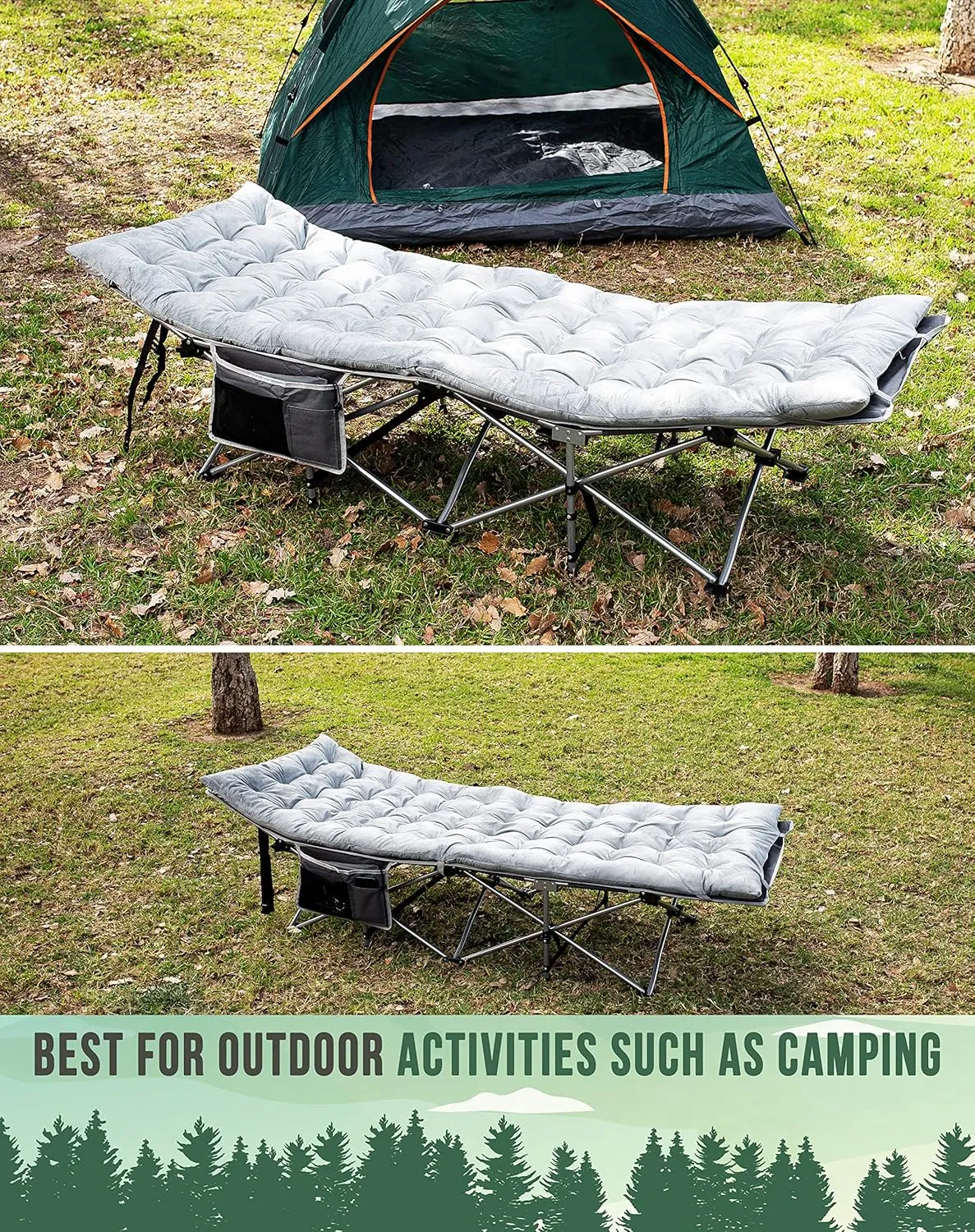 Zento Camping Cot and Mattress Folding Outdoor Travel Bed - Heavy Duty Max Load 450 LBS Premium Quality Cot Bed with Pad for Comfort Sleeping for Travel Home and Anytime Use