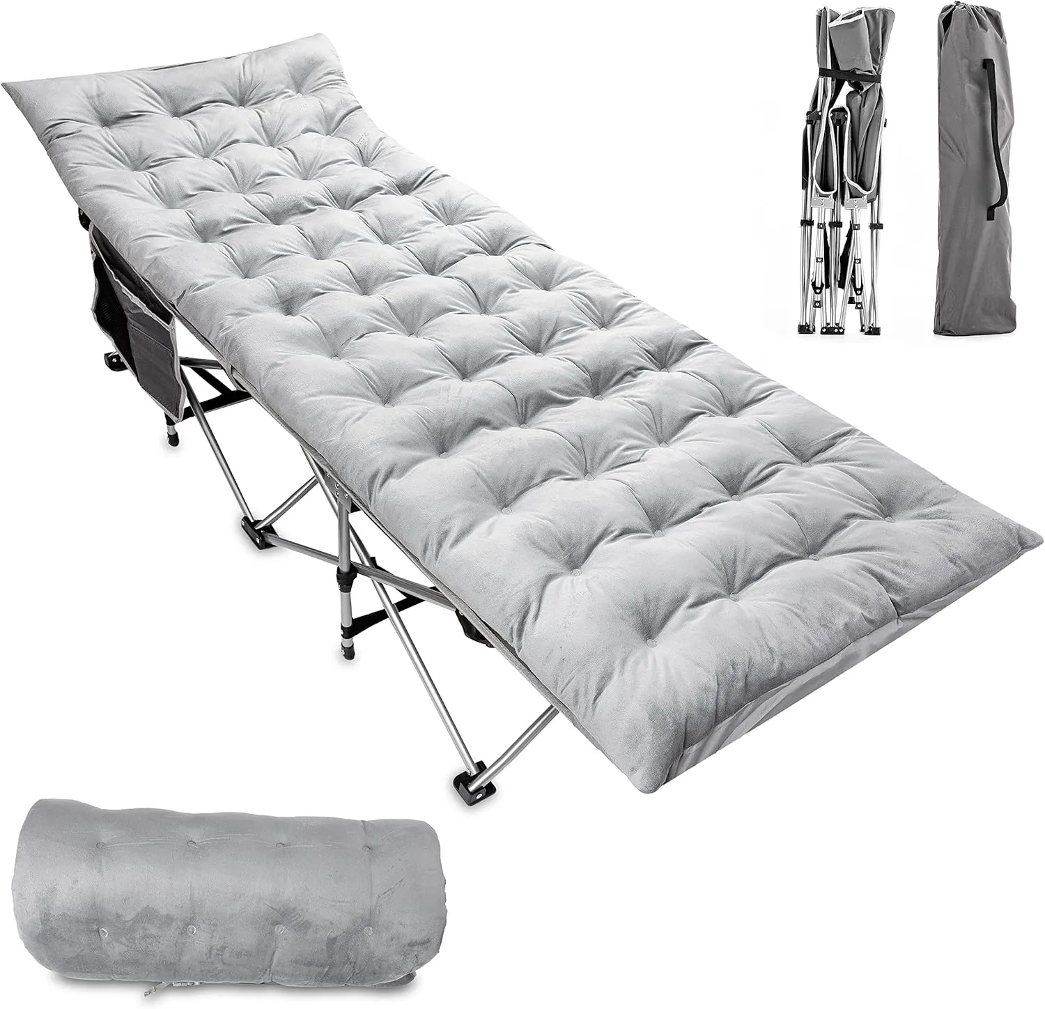 Zento Camping Cot and Mattress Folding Outdoor Travel Bed - Heavy Duty Max Load 450 LBS Premium Quality Cot Bed with Pad for Comfort Sleeping for Travel Home and Anytime Use