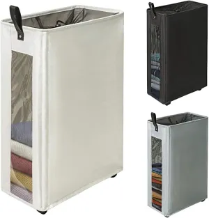 ZERO JET LAG 25 Inches Slim Laundry Storage Hamper - Large Rolling Clothes Hamper - Rolling Storage Bin - Tall Corner Basket - Clear Window Visible - Dirty Laundry Bin - (Beige)