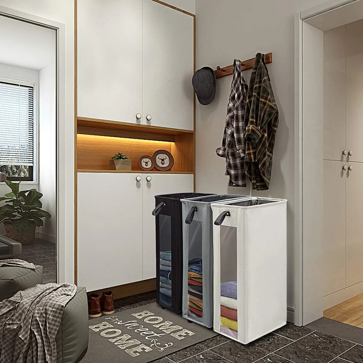 ZERO JET LAG 25 Inches Slim Laundry Storage Hamper - Large Rolling Clothes Hamper - Rolling Storage Bin - Tall Corner Basket - Clear Window Visible - Dirty Laundry Bin - (Beige)