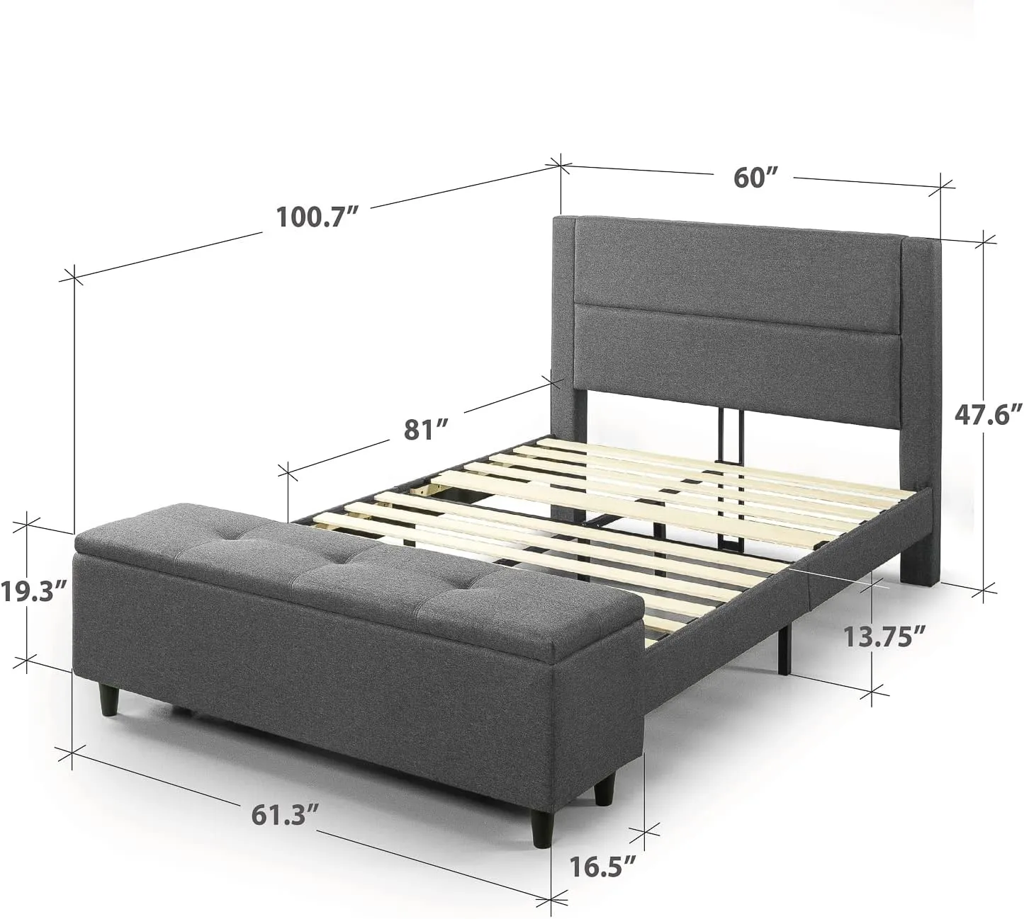 ZINUS Wanda Upholstered Platform Bed Frame with Storage Bench, Mattress Foundation with Wood Slat Support, No Box Spring Needed, Easy Assembly, Queen