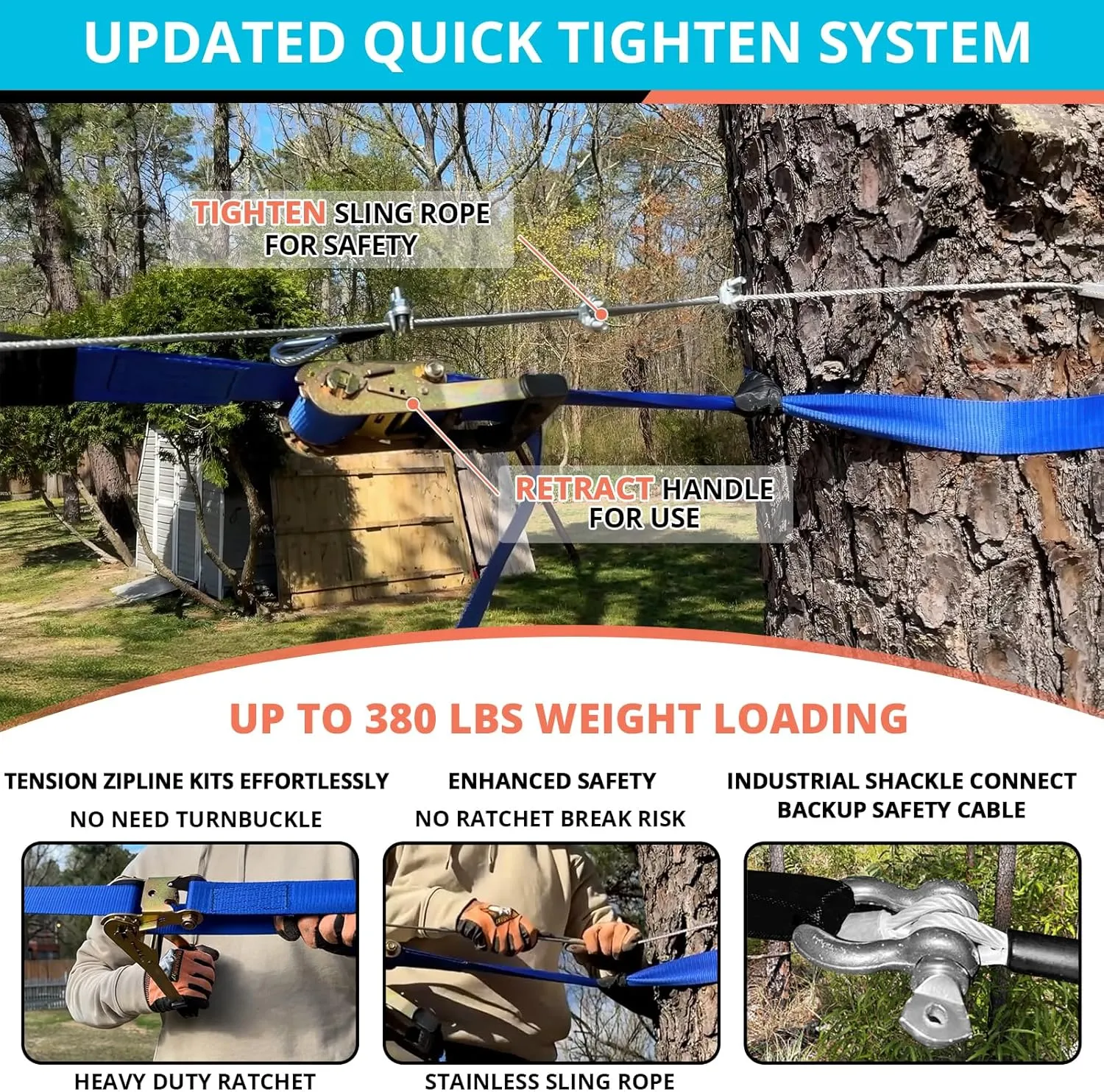 Zip Line Kit for Kids Adults : 120FT Up to 380Lbs - Quick Tighten Zipline for Backyard Outdoor with 100% Rust Proof Removable Trolley Seat Spring Brake