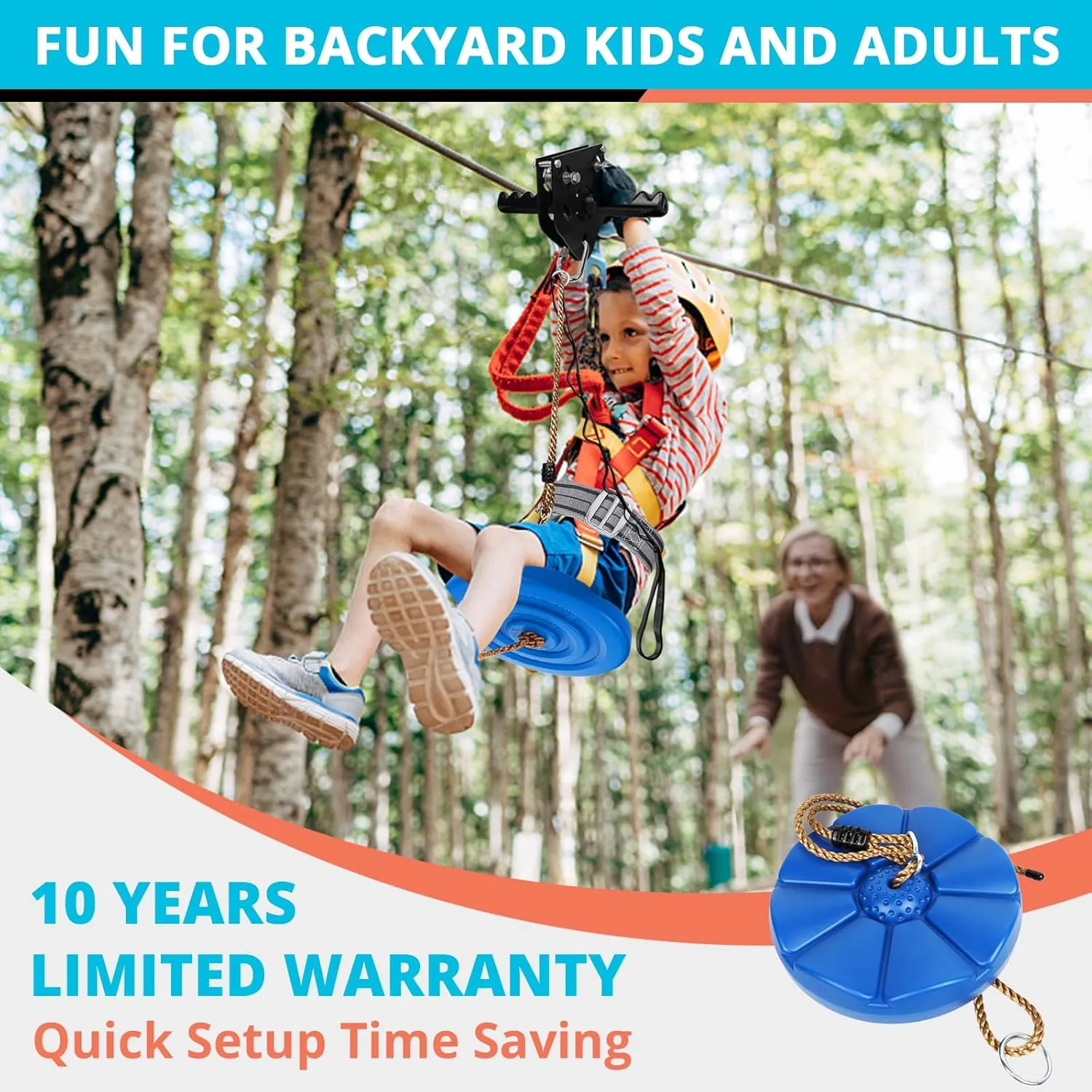 Zip Line Kit for Kids Adults : 120FT Up to 380Lbs - Quick Tighten Zipline for Backyard Outdoor with 100% Rust Proof Removable Trolley Seat Spring Brake