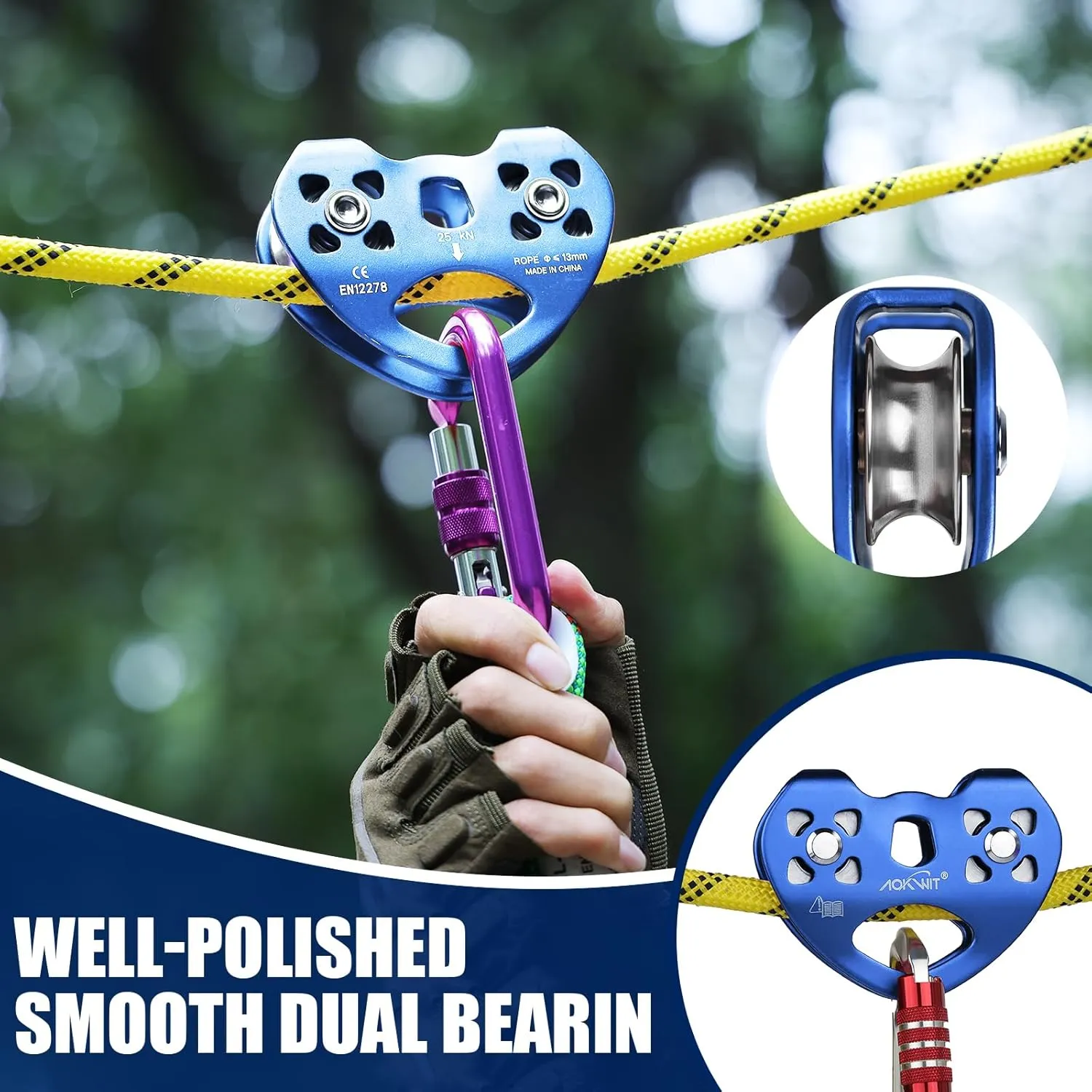 Zipline Pulley 25kn Aluminum Stainless Steel Roller Double Tandem Dual Trolley Ropes 8-13mm Climbing Pulley Cable Rope Heavy Duty for Rescue Hauling Backyard Zipline Rigging Rock Climbing Gear