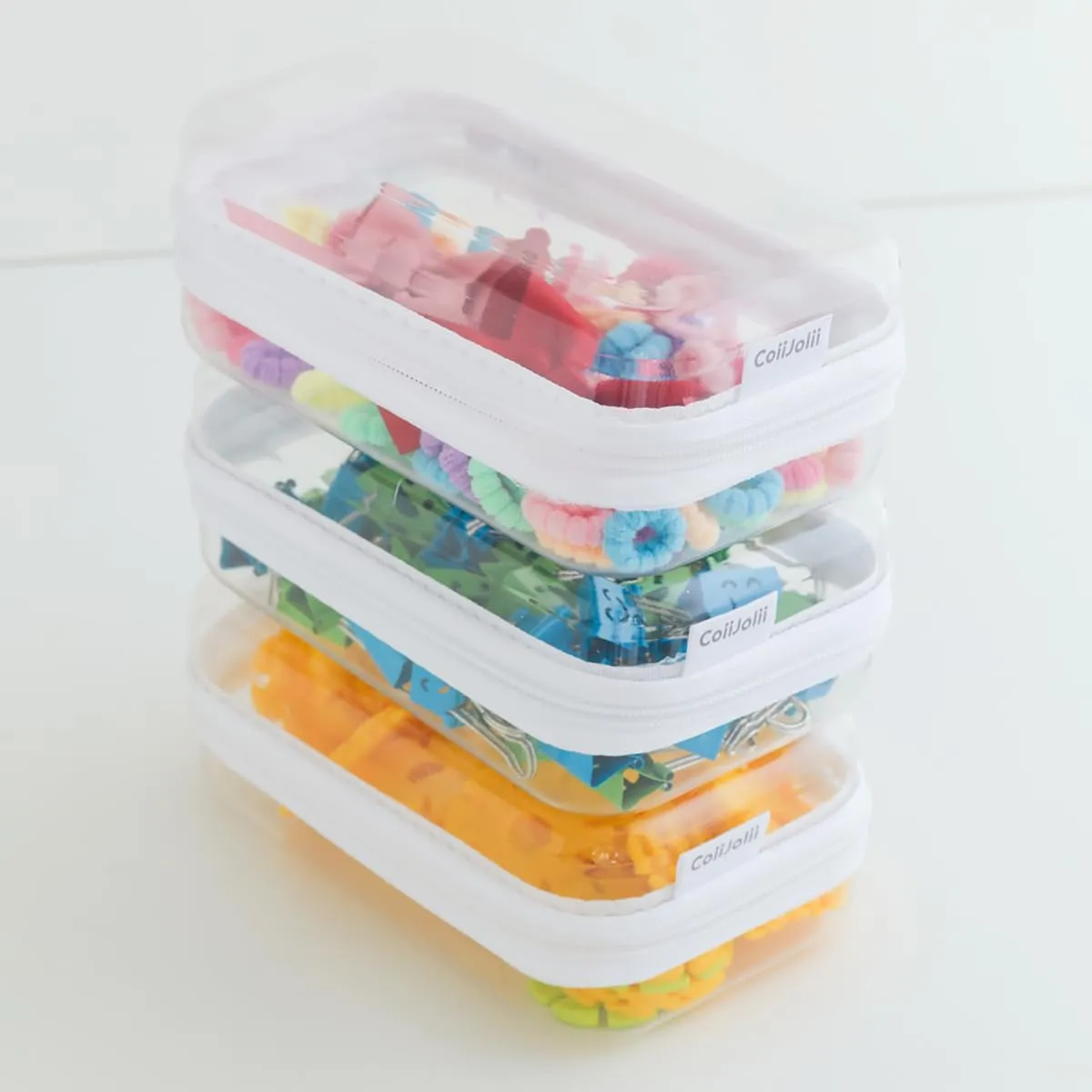 Zippered Pouch Hard, Clear Zippered Hard Pouch, Stackable Storage Bins, Portable Clear Bin Zipper (White, Small)