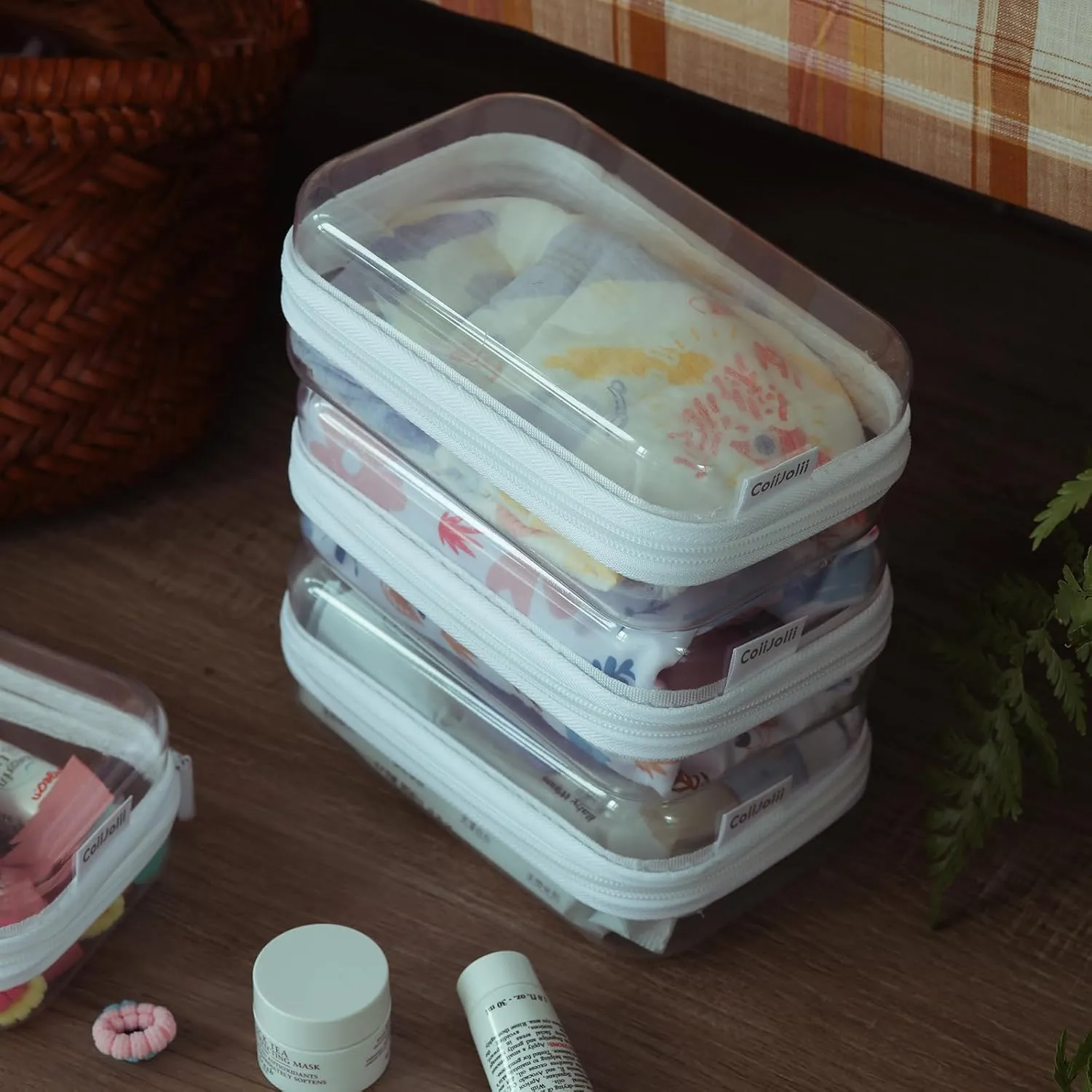Zippered Pouch Hard, Clear Zippered Hard Pouch, Stackable Storage Bins, Portable Clear Bin Zipper (White, Small)