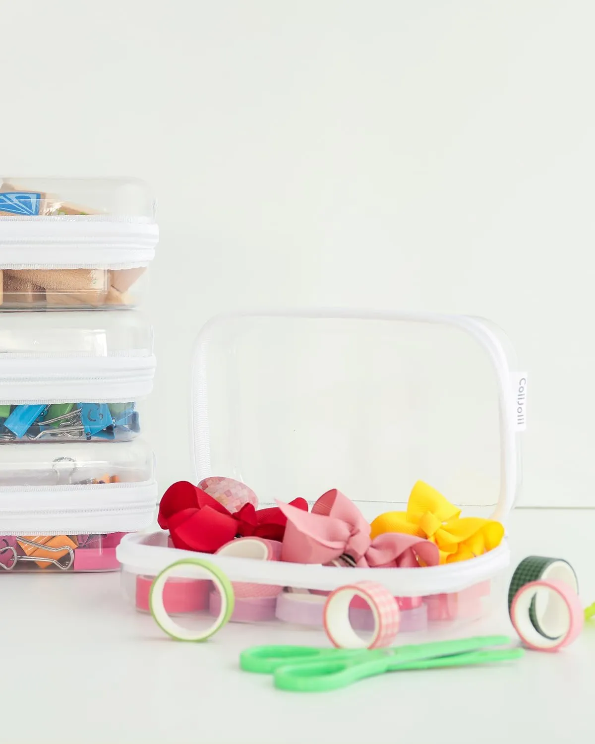 Zippered Pouch Hard, Clear Zippered Hard Pouch, Stackable Storage Bins, Portable Clear Bin Zipper (White, Small)